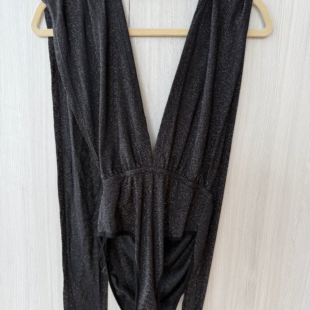 Shein Black Shimmer Draped Bodysuit – Size XS